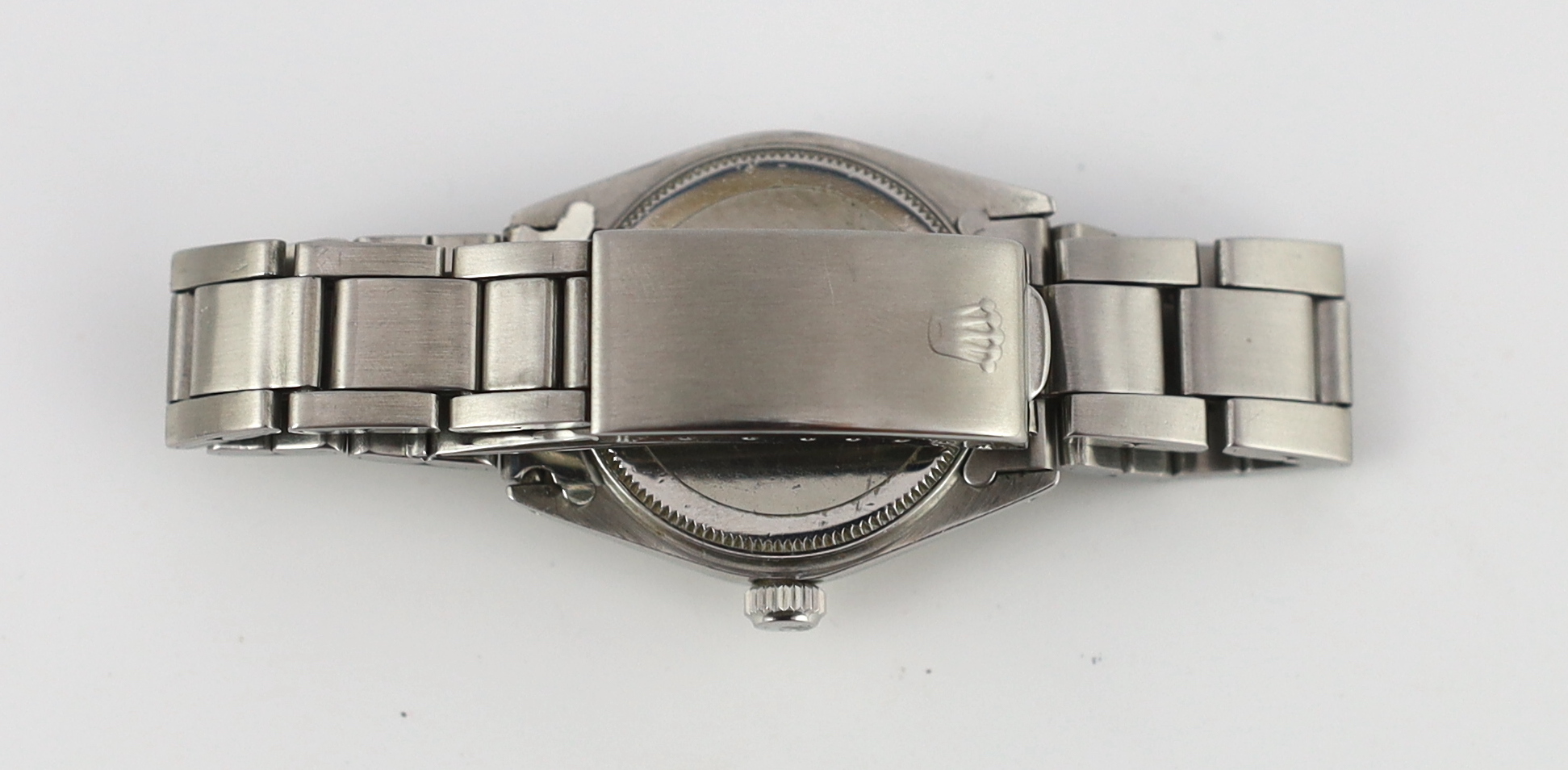 A gentleman's early 1970's stainless steel mid-size Rolex Oyster Speedking precision wrist watch, on a stainless steel Rolex bracelet